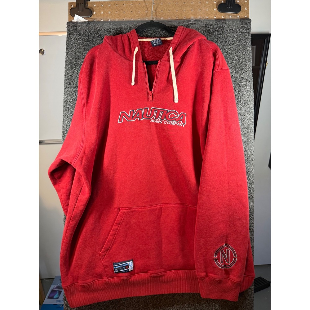 Nautica Hoodie Mens XXL Red Quarter Zip Embroidered Logo Fleece Sweatshirt